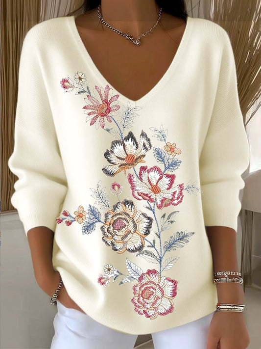 Női peony hímzés v-nyak pulóver