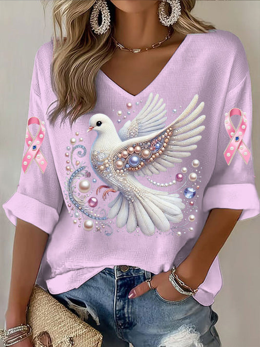 Női gyöngy galamb minta alkalmi v-nyak rövid póló
