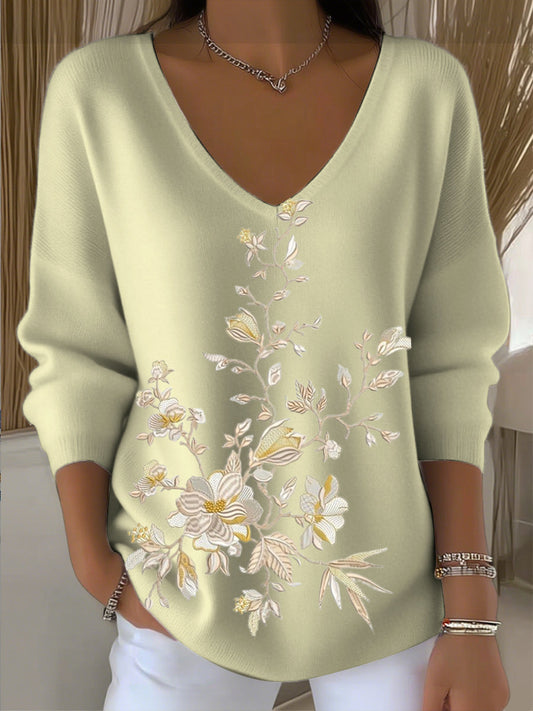 Női fű sárga virágos hímzés v-nyak pulóver