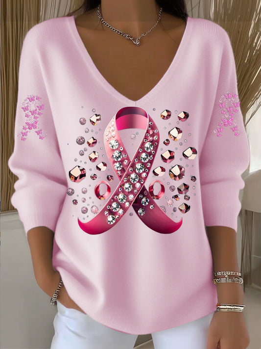Női rózsaszín mellrák v-nyak pulóver