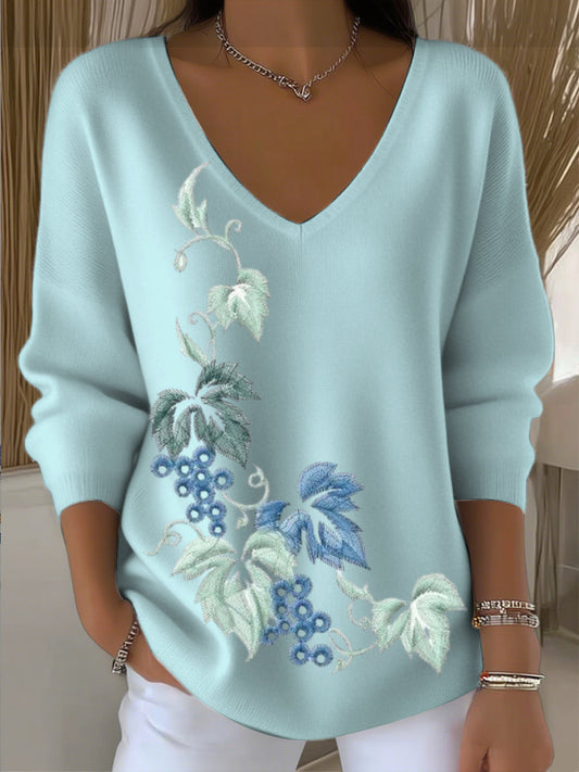 Női tó kék virágos hímzett v-nyak pulóver