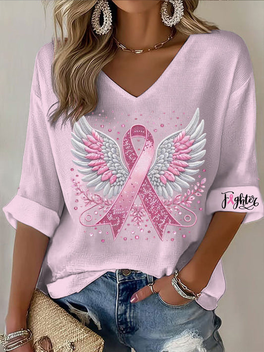 Női pillangó szalag nyomtatott v-nyak hosszú ujjú ing