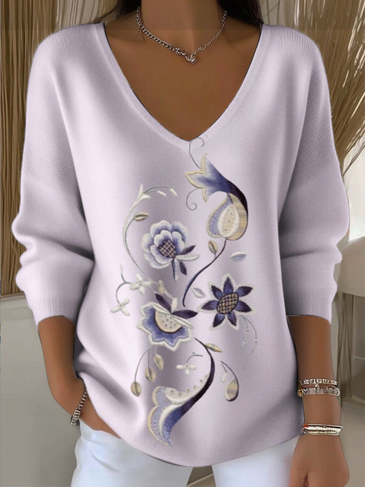 Női egyszerű világos lila virágos hímzés v-nyak pulóver