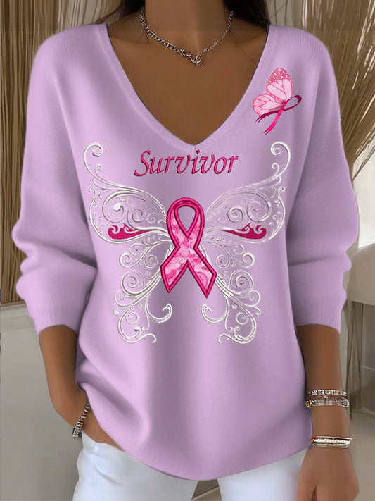 Női pillangó szalag mellrák téma v-nyak pulóver