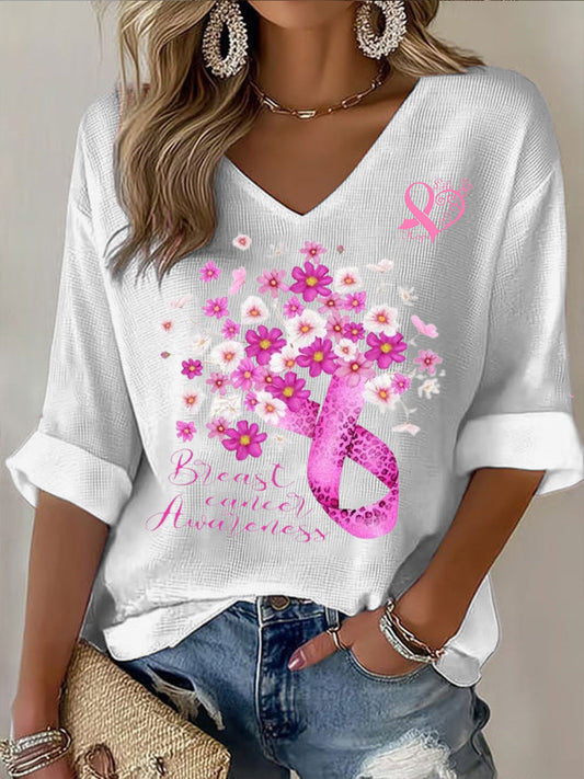 Női olíva mellrák szalag nyomtatott v-nyak hosszú ujjú