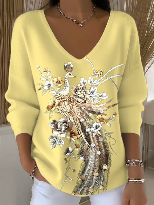 Női páva hímzett v-nyak pulóver