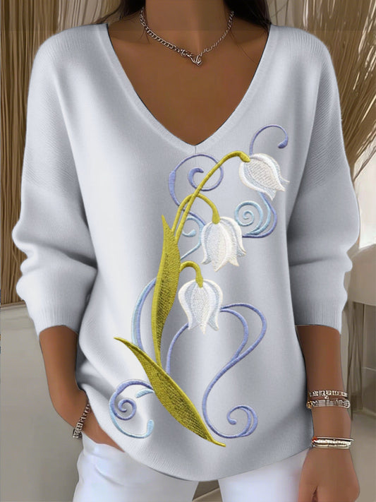 Női világos kék lila virágos hímzés v-nyak pulóver