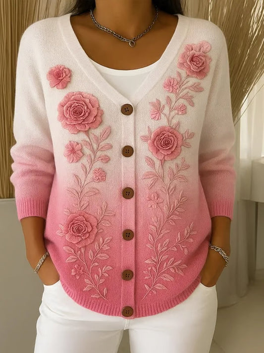 Női vintage virágos nyomtatás gomb kardigán