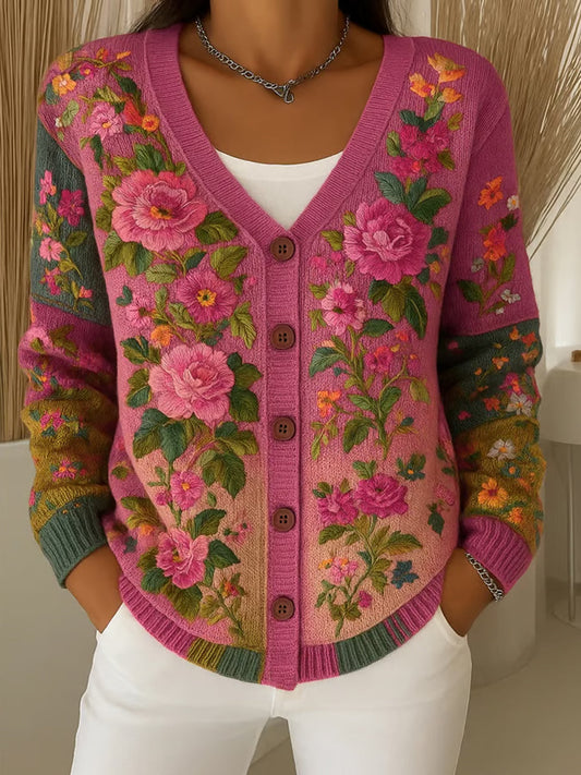 Női vintage virágos nyomtatás gomb kardigán