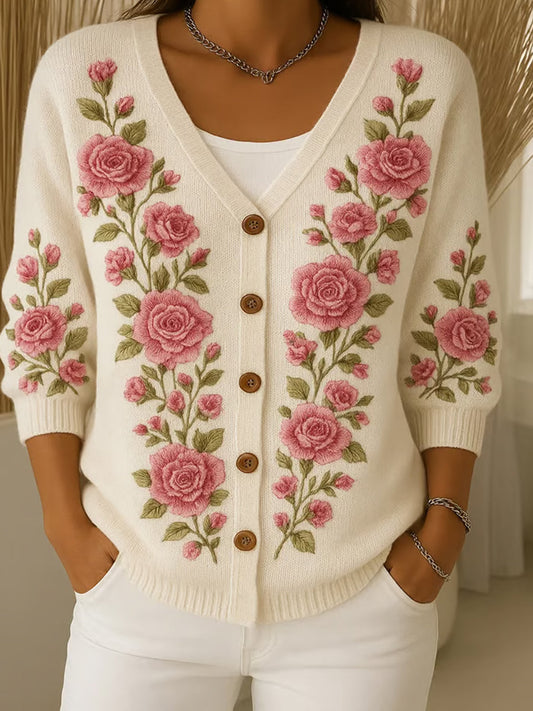 Női vintage virágos nyomtatás gomb kardigán