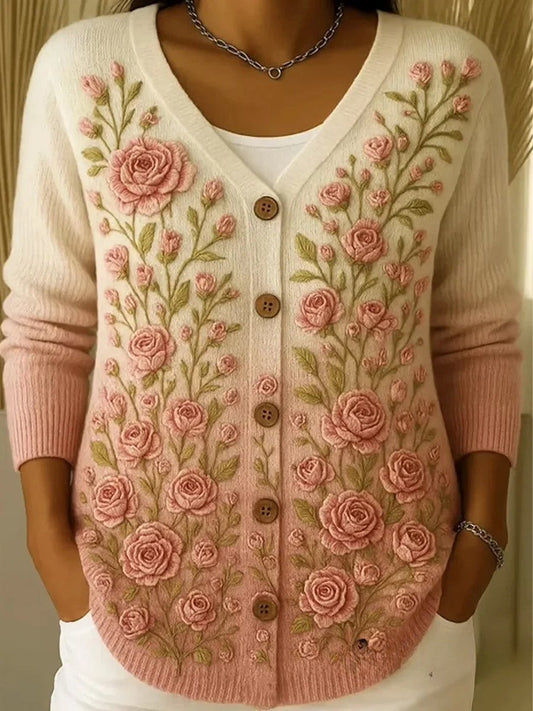 Női vintage virágos nyomtatás gomb kardigán