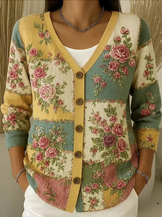 Női vintage virágos nyomtatás gomb kardigán