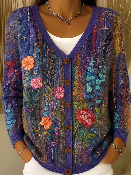 Női vintage virágos nyomtatás gomb kardigán