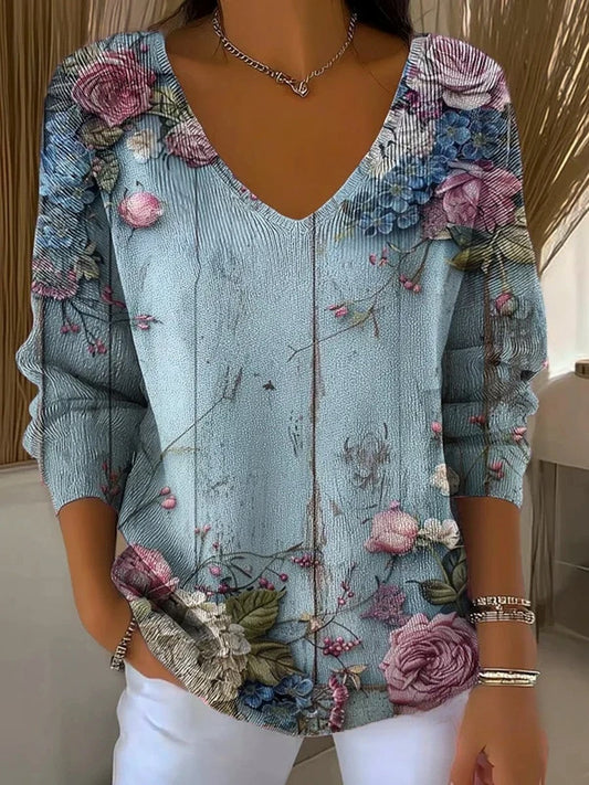 Női vintage virágos nyomtatás pamut tetején