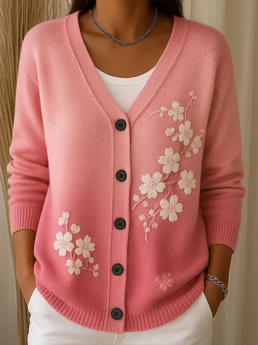 Női vintage virág művészet nyomtatás gomb kardigán