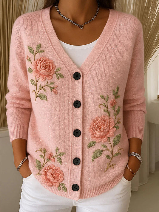 Női vintage virág művészet nyomtatás gomb kardigán