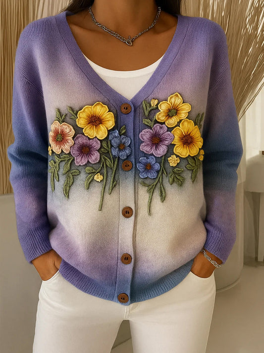 Női vintage virág művészet nyomtatás gomb kardigán