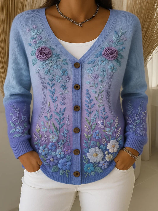 Női vintage virág művészet nyomtatás gomb kardigán