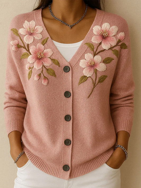 Női vintage virág művészet nyomtatás gomb kardigán