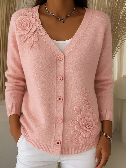 Női vintage virág művészet nyomtatás gomb kardigán