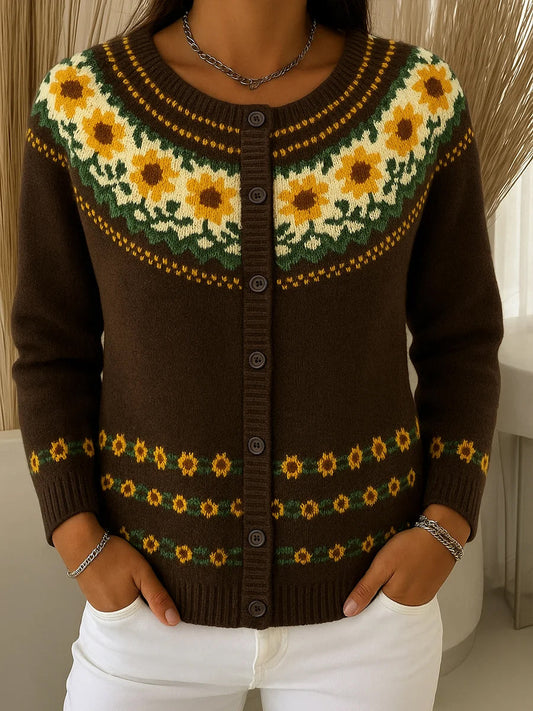 Női vintage virág művészet nyomtatás gomb kardigán