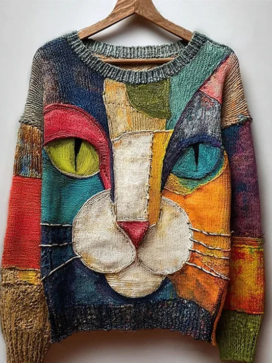 Vintage absztrakt állat nyomtatás alkalmi pulóver