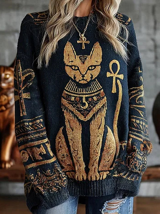 Vintage absztrakt állat nyomtatás alkalmi pulóver