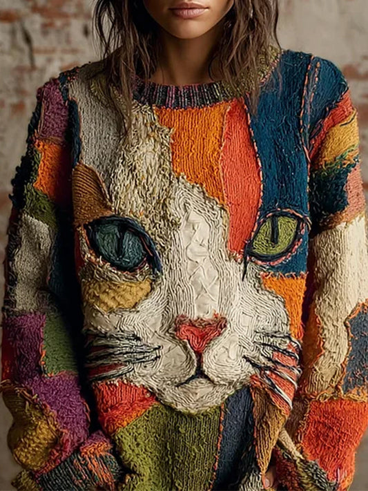 Vintage absztrakt állat nyomtatás alkalmi pulóver