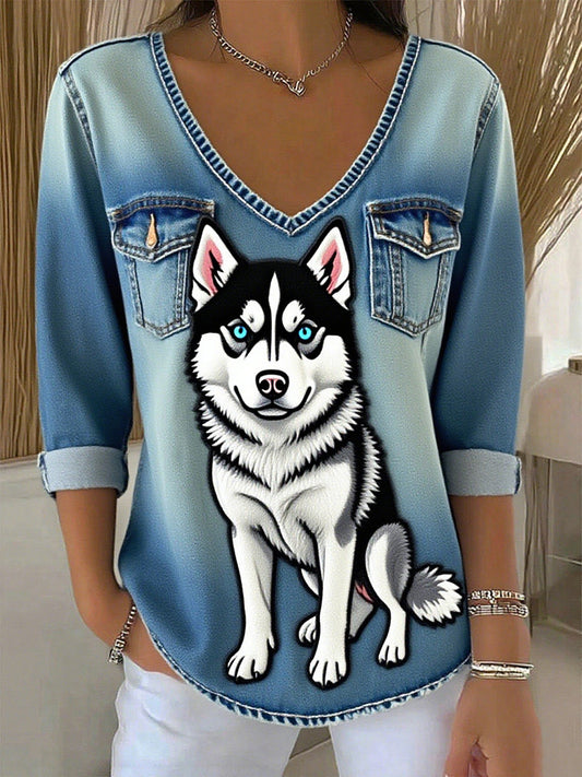 Női vintage állat nyomtatás alkalmi felső