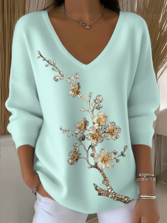 Női egyszerű kék-zöld gyémánt virágos hímzés v-nyak pulóver