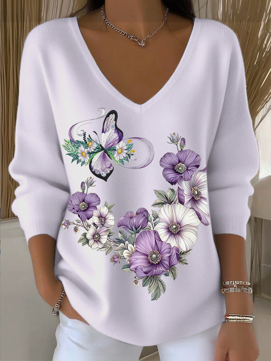 Női temperamentum lila virágos pillangó hímzés v-nyak pulóver