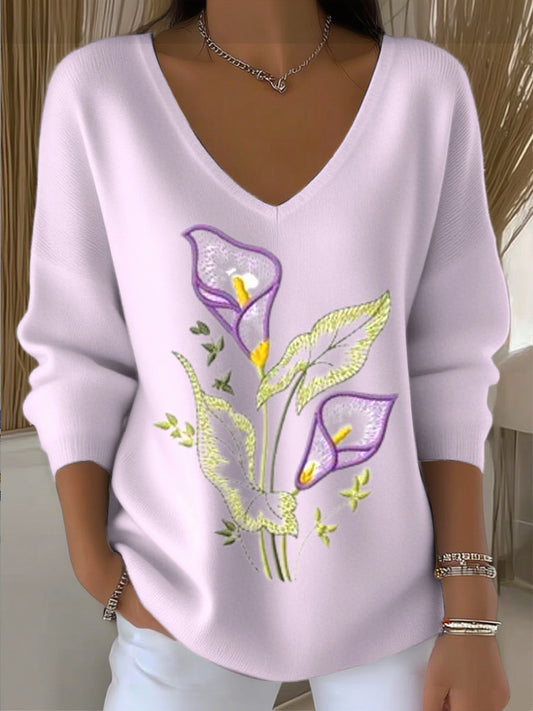 Női egyszerű és szép patkó virág hímzés világos lila v-nyak virág hímzés pulóver