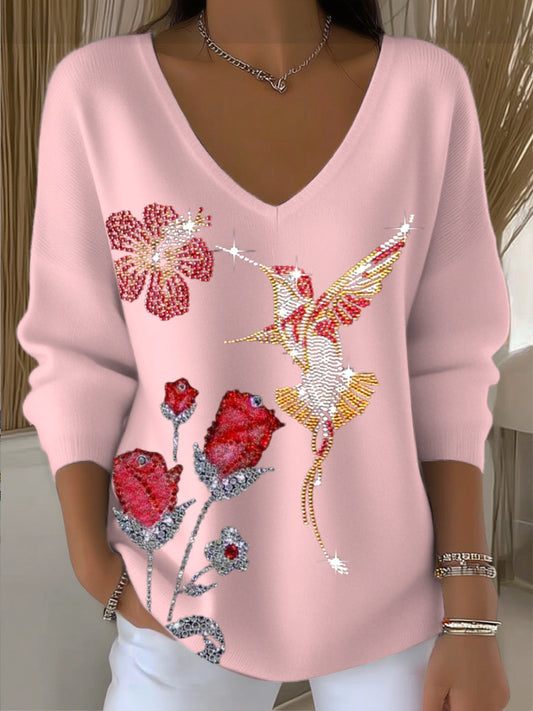 Női gyémánt madár és rózsa hímzett rózsaszín v-nyak pulóver