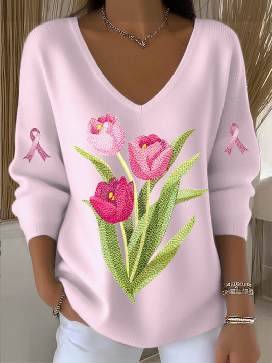 Női tulipán hímzett rózsaszín v-nyak pulóver