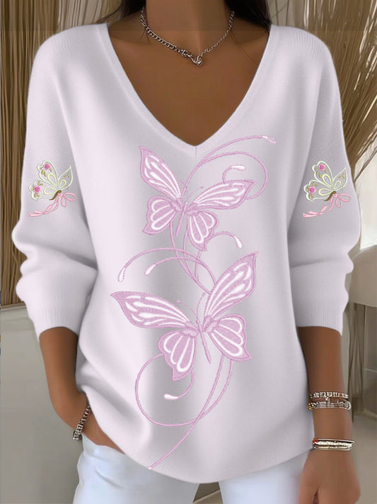 Női egyszerű világos rózsaszín pillangó hímzés v-nyak pulóver