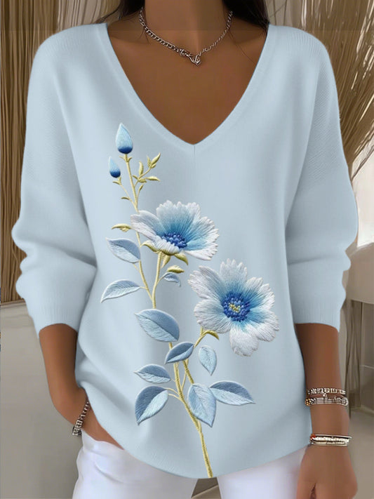Női egyszerű és elegáns virágos hímzés világoskék v-nyak pulóver