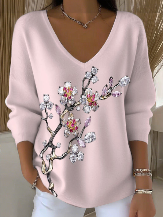 Női világos rózsaszín gyémánt virágos hímzés v-nyak pulóver
