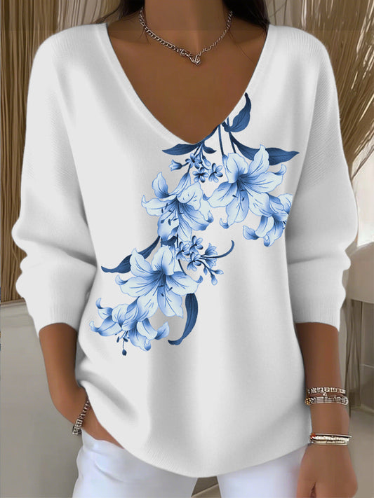 Női temperamentum kék nagy virág hímzett tiszta fehér v-nyak pulóver