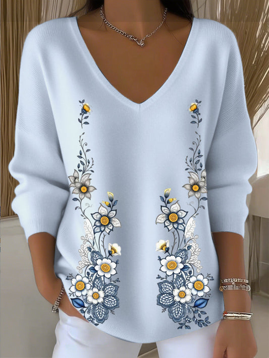 Női temperamentum stílus virágos retro hímzés v-nyak pulóver