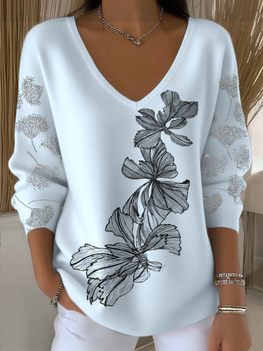 Női világos kék virágos hímzés v-nyak pulóver
