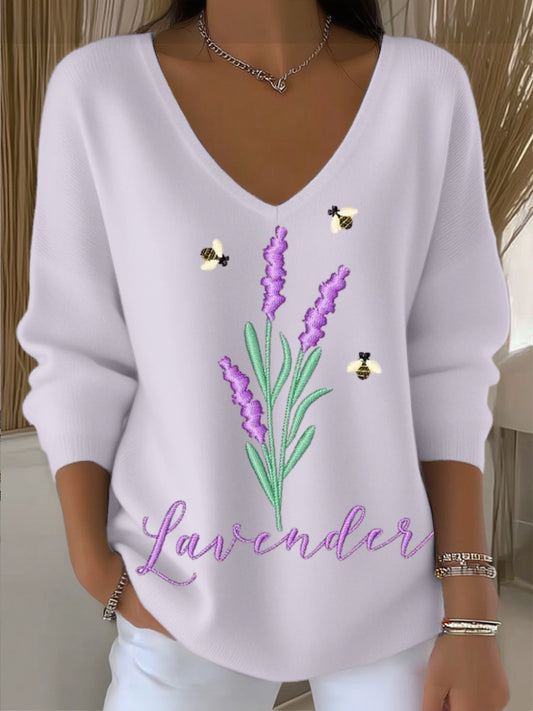 Női levendula virágos hímzés világos lila v-nyak pulóver