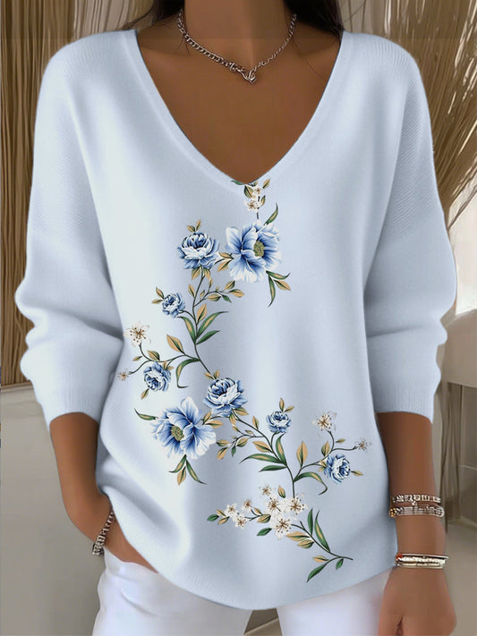 Női temperamentum virágos hímzés kék v-nyak pulóver