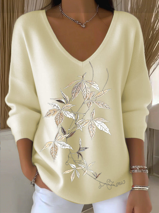 Női v-nyakú pulóver bézs levelekkel hímzett