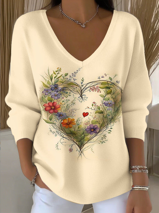 Női vintage szív virágos művészet v-nyak felső