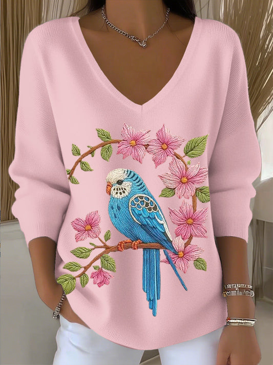 Női vintage madár és virágos v-nyak felső