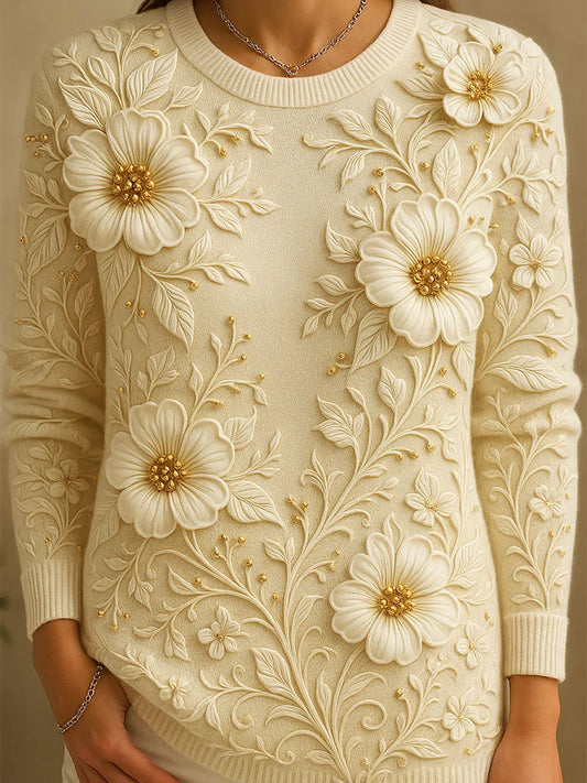 Női vintage virágos nyomtatás kényelmes alkalmi pulóver