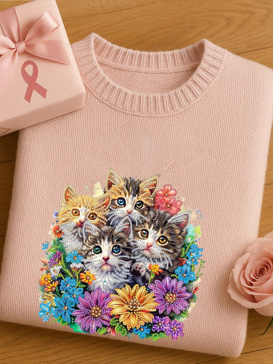 Női művészi állat nyomtatás kényelmes kötött rövid ujjú felső