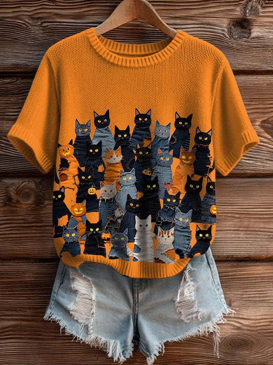 Női művészi állat nyomtatás kényelmes kötött rövid ujjú felső