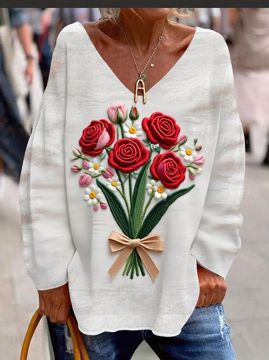 Női vintage virágos nyomtatás kényelmes alkalmi felső