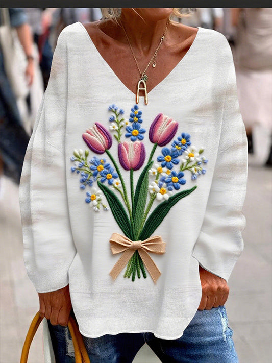 Női vintage virágos nyomtatás kényelmes alkalmi felső